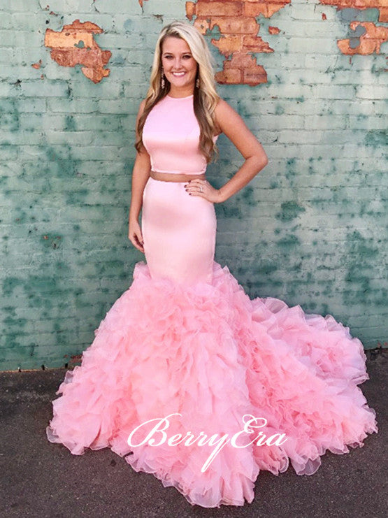 2 Pieces Pink Satin Top Fluffy Prom Dresses, Long Prom Dresses, Popula Berryera 2 Pieces Pink Satin Top Fluffy Prom Dresses, Long Prom Dresses, Popula Berryera