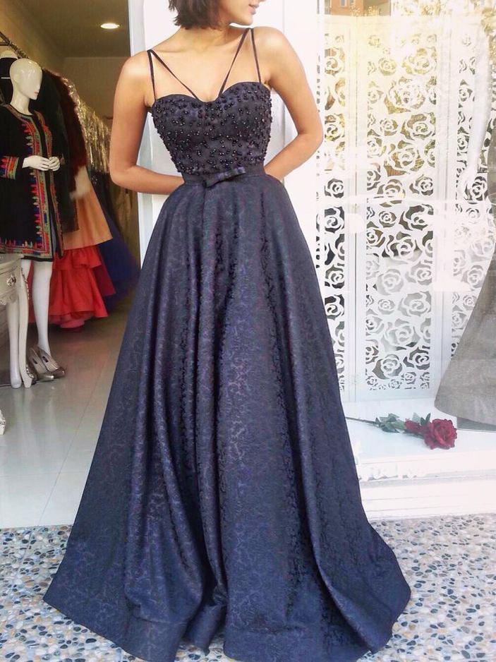 Long A-line Navy Lace Beaded Prom Dresses, Newest Prom Dresses