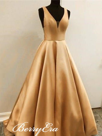 V-neck A-line Satin Prom Dresses, Gold Prom Dresses