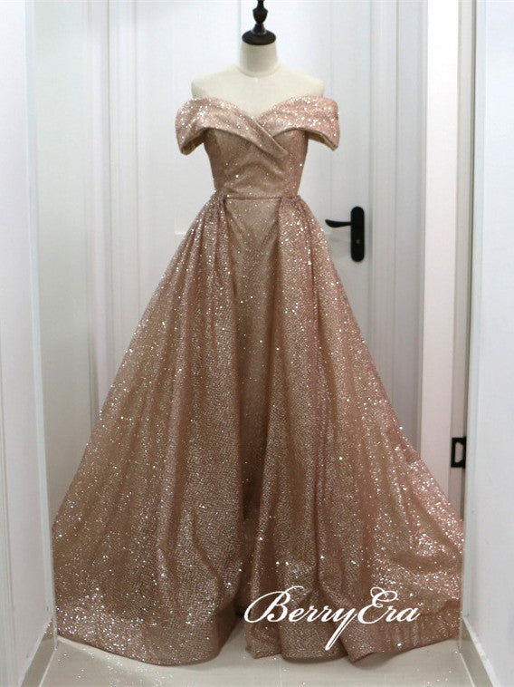 Off Shoulder Long A-line Rose Gold Sequin Prom Dresses, Shiny Prom Dresses