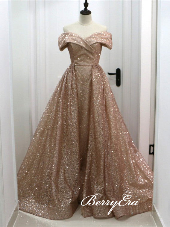Off Shoulder Long A-line Rose Gold Sequin Prom Dresses, Shiny Prom Dre Berryera Off Shoulder Long A-line Rose Gold Sequin Prom Dresses, Shiny Prom Dre Berryera