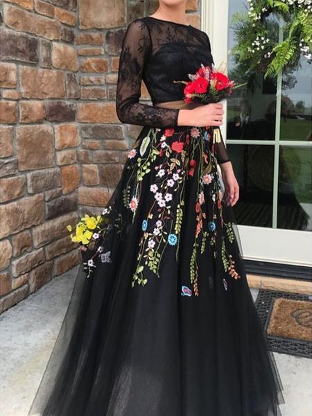 Pieces Black Lace Top Floral Tulle Prom Dresses, Newest Prom