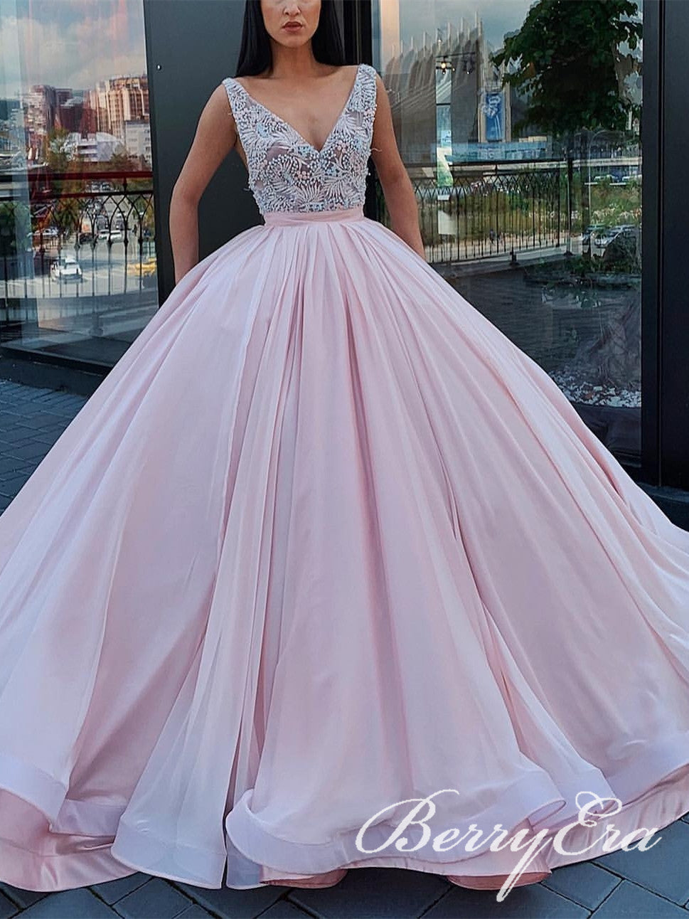 V-neck Long A-line Pink Prom Dresses, Beaded Long Prom Dresses, Ball Gown Prom Dresses