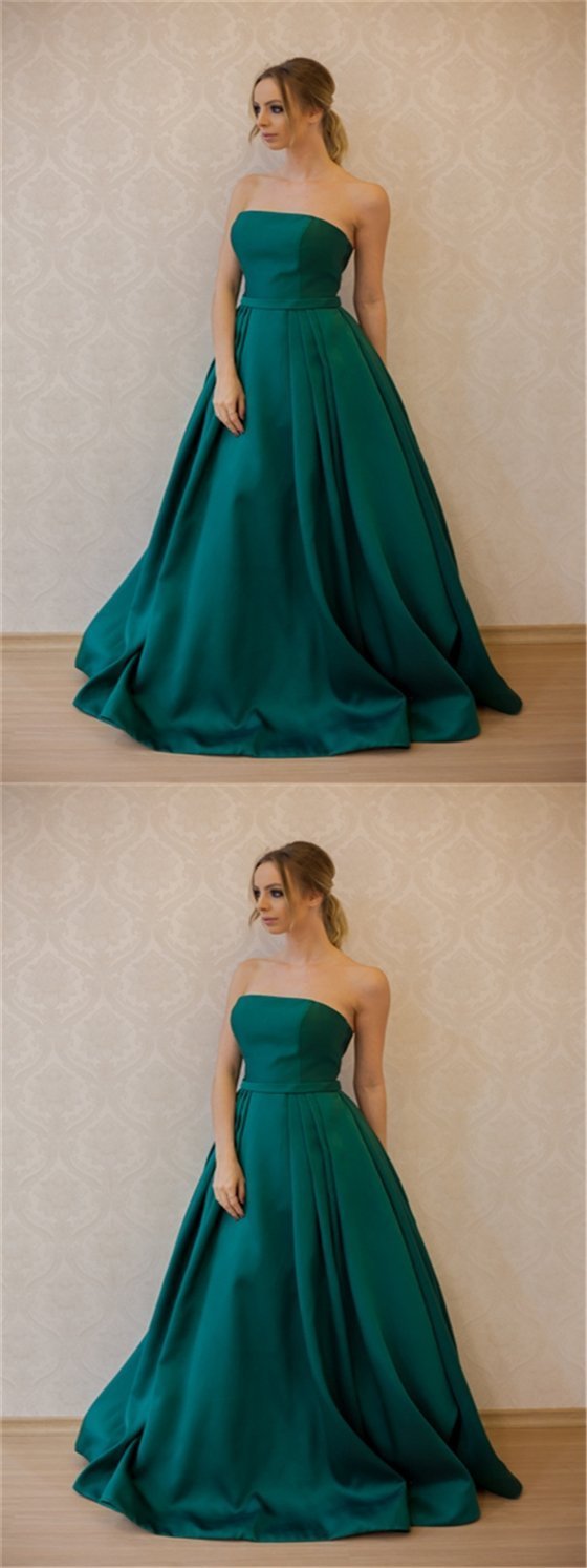 Strapless Green Satin Long A-line Prom Dresses