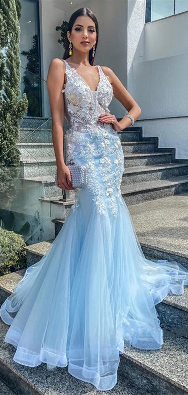 Light Blue Color V Neck Prom Dresses, Mermaid Appliques 2021 Long Prom Dresses, Evening Dresses
