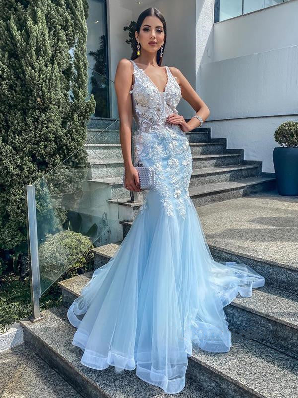 Light Blue Color V Neck Prom Dresses, Mermaid Appliques 2021 Long Prom Berryera Light Blue Color V Neck Prom Dresses, Mermaid Appliques 2021 Long Prom Berryera
