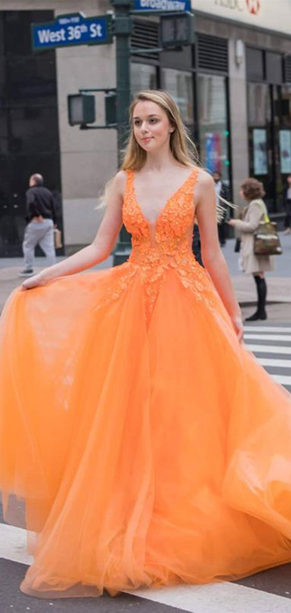 Orange Color V-neck 2021 Long Prom Dresses, A-line Lace Popular Evening Party Dresses