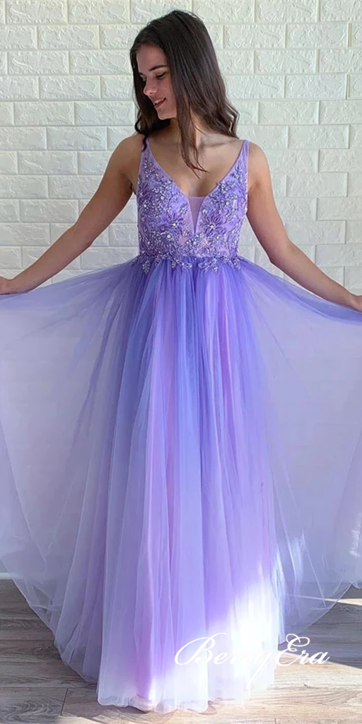 V-neck Purple Tulle Lace Appliques Prom Dresses, Gradient Prom Dresses, Affordable Prom Dresses