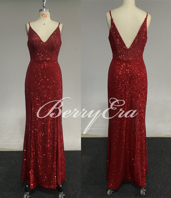 Sexy Sequin Slit Long Prom Dress, V-neck Evening Party Dress, Prom Dresses 2019