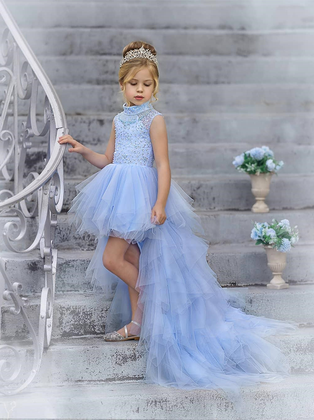 High Neck Light Blue Tulle Beaded Flower Girl Dresses, Detachable Skir