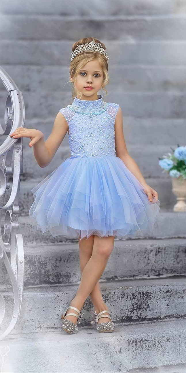High Neck Light Blue Tulle Beaded Flower Girl Dresses, Detachable Skirt Flower Girl Dresses