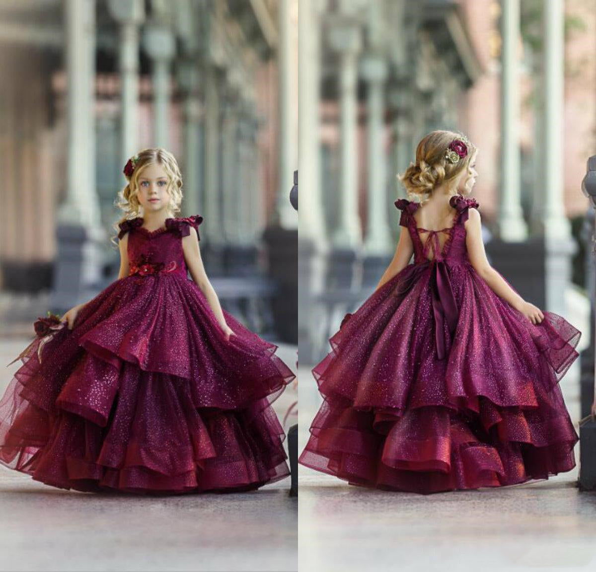 Burgundy Sparkle Tulle Flower Girl Dresses, Shiny Little Girl Dresses, 2020 Flower Girl Dresses