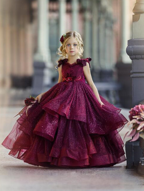 Burgundy Sparkle Tulle Flower Girl Dresses, Shiny Little Girl Dresses, 2020 Flower Girl Dresses