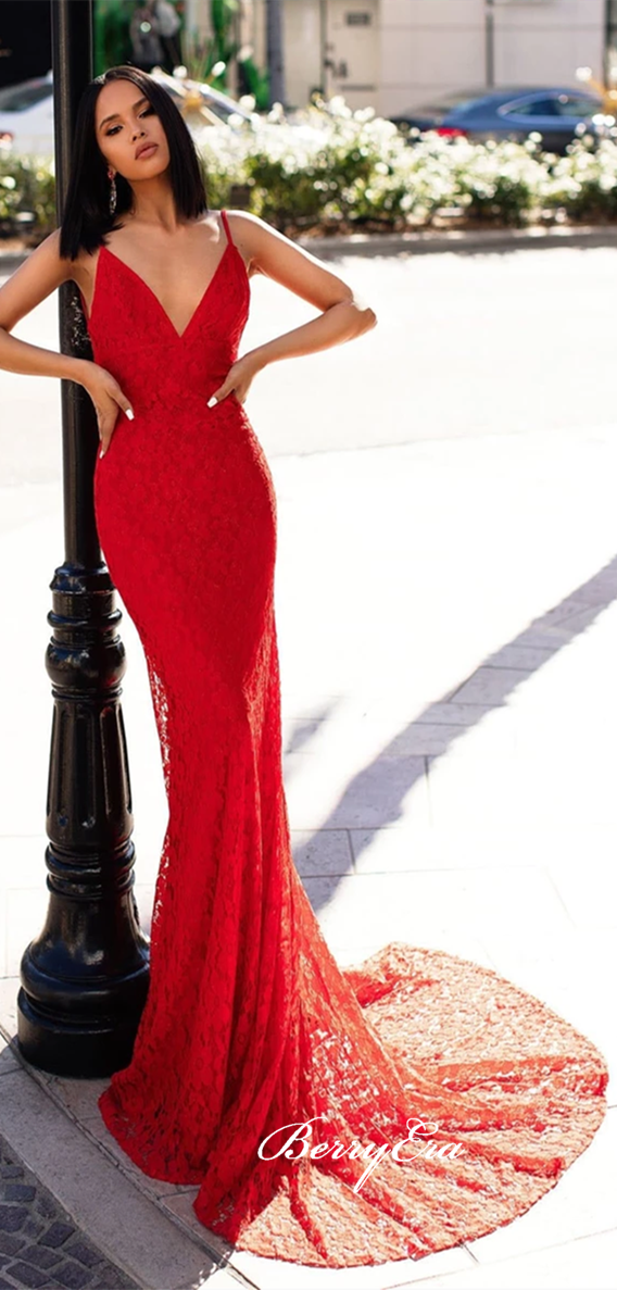 V-neck Long Mermaid Red Lace Prom Dresses, Sexy Backless Prom Dresses, Affordable Prom Dresses