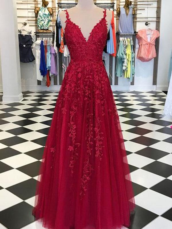 Fancy Lace Long A-line Tulle Red Evening Party Prom Dresses Berryera Fancy Lace Long A-line Tulle Red Evening Party Prom Dresses Berryera