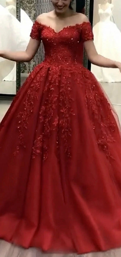 Red Off Shoulder Red Lace Tulle Prom Dresses, Appliques Beaded Long Prom Dresses