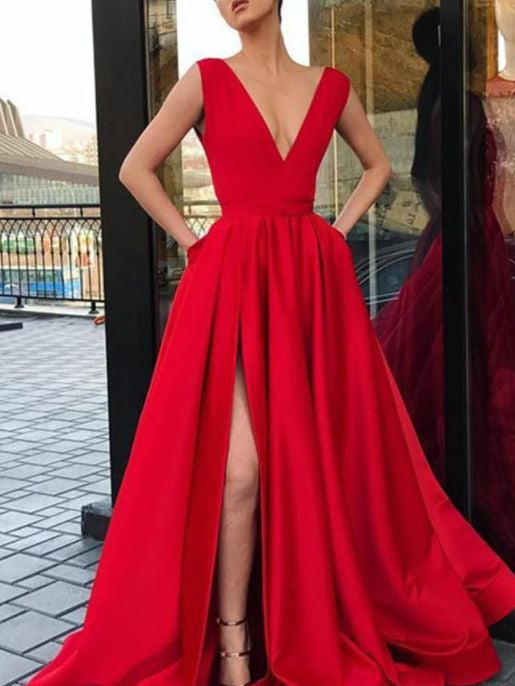 Simple V-neck Long A-line Prom Dresses, Side Slit Red Prom Dresses