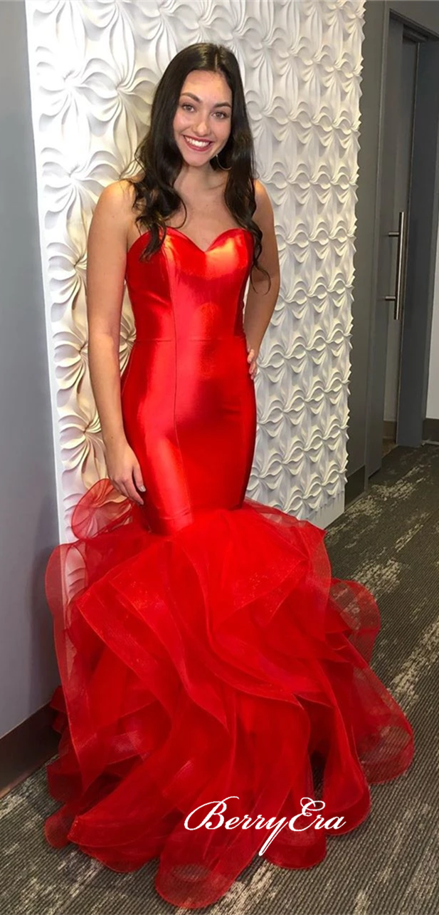 Sweetheart Long Mermaid Red Satin Tulle Prom Dresses, Sweetheart Long Prom Dresses, 2020 Prom Dresses