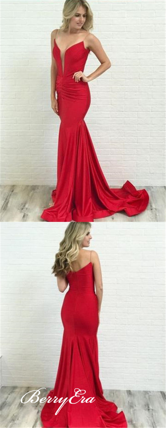 Spaghetti Red Mermaid Elastic Satin Long Prom Dresses