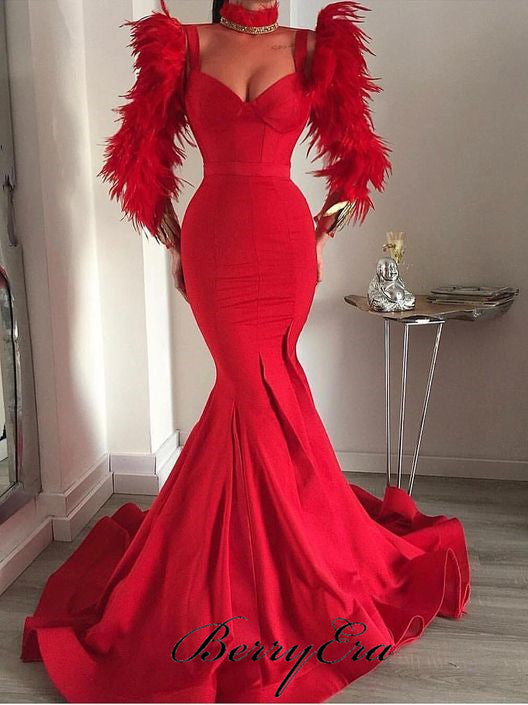Straps Long Mermaid Red Prom Dresses, Luxury Feather Prom Dresses, Prom Dresses