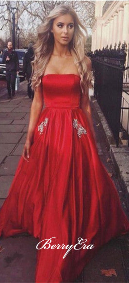 Strapless Red Satin Prom Dresses With Pockets, Rhinestone Beaded Prom Dresses