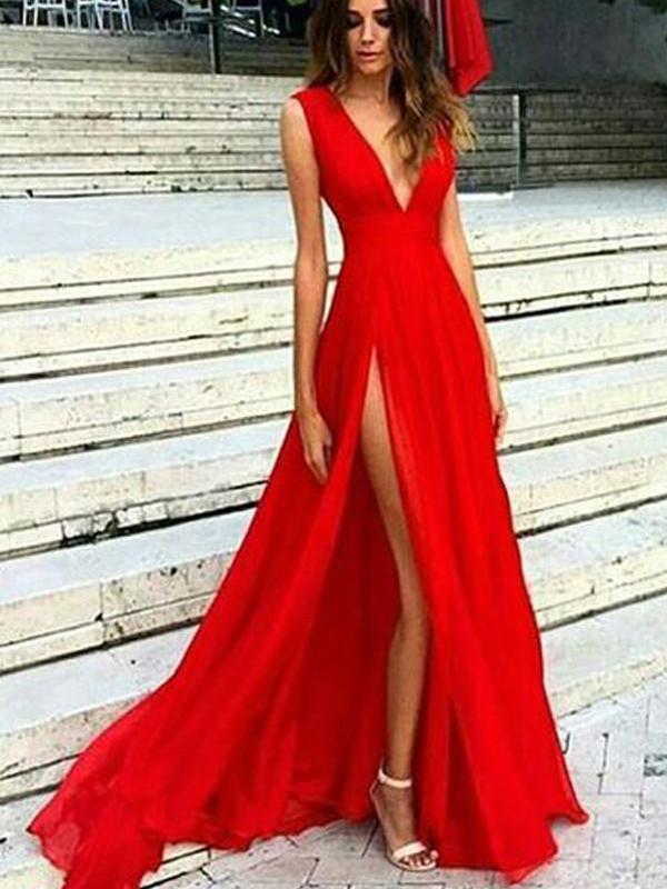 Deep V-neck Red Chiffon Long A-line Prom Dresses