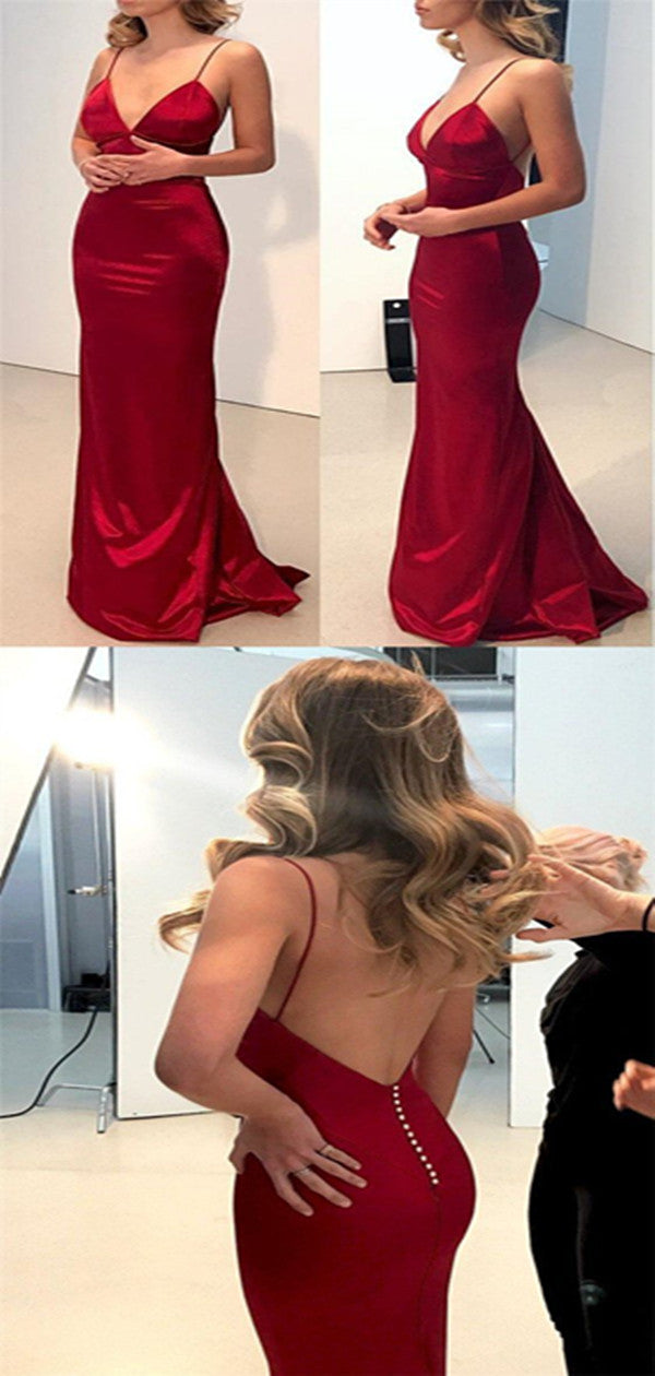 Simple Backless Dark Red Mermaid Long Evening Party Prom Dresses