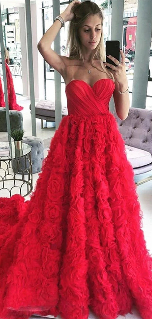 Sweetheart 3D Roses Red Wedding Dresses, Chic Long Bridal Gown, 2020 Prom Dresses, A-line Wedding Dresses