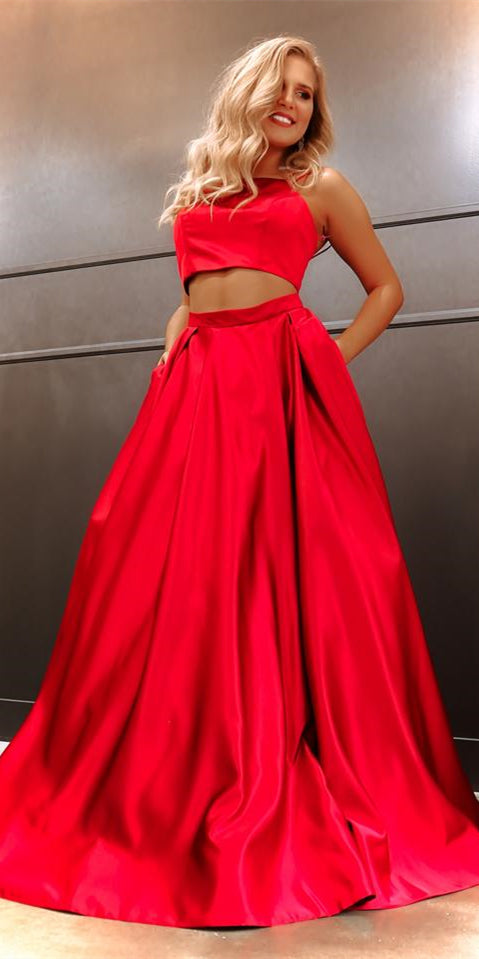 Lovely Red Satin Long A-line Prom Dresses, 2 Pieces Prom Dresses, 2021 Prom Dresses