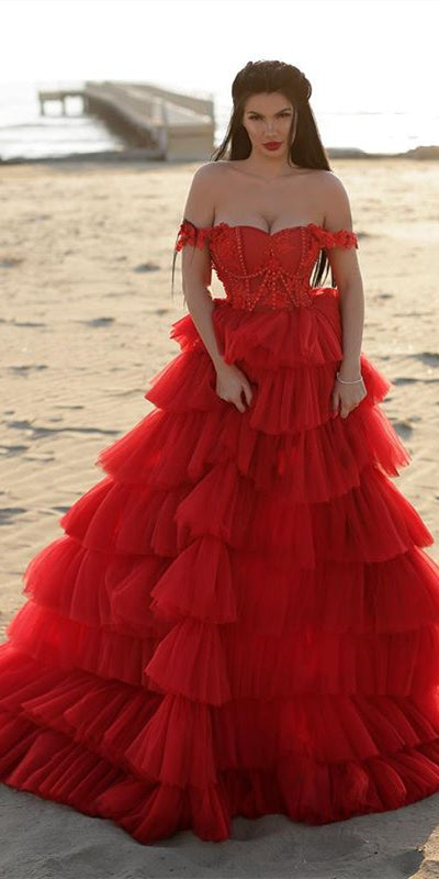 Off Shoulder Red Tulle Beaded Prom Dresses, Long Prom Dresses, Wedding Dresses, 2021 Prom Dresses
