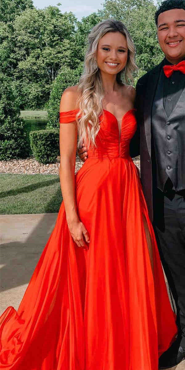 Off The Shoulder Red Chiffon A-line Prom Dresses, 2021 Prom Dresses, Side Slit Prom Dresses