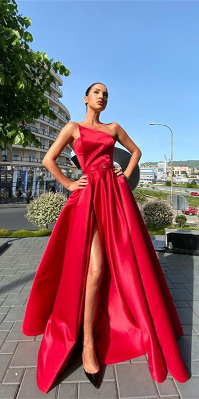 Strapless Red Satin Layered Long Prom Dress with Belt, Long Red Formal –  abcprom