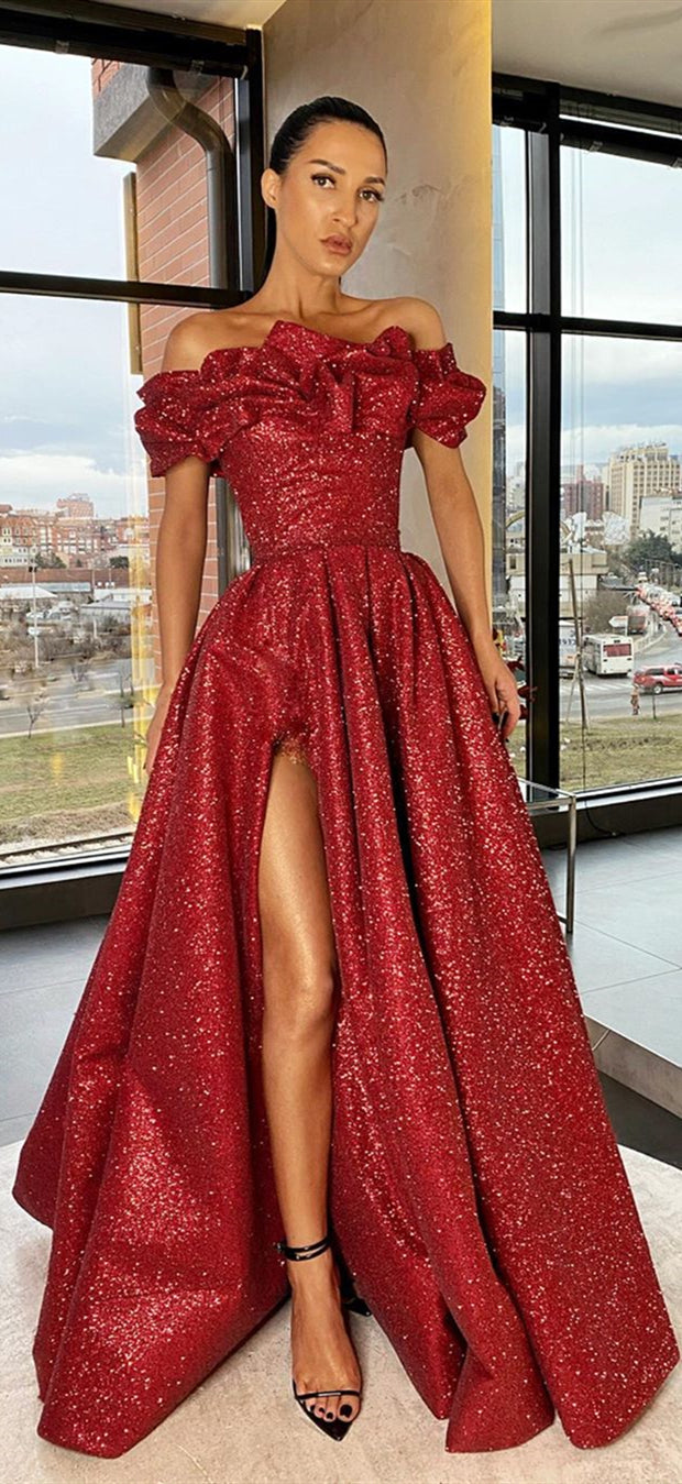 Off Shoulder Long A-line Red Sequin Prom Dresses, High Slit Prom Dress Berryera Off Shoulder Long A-line Red Sequin Prom Dresses, High Slit Prom Dress Berryera