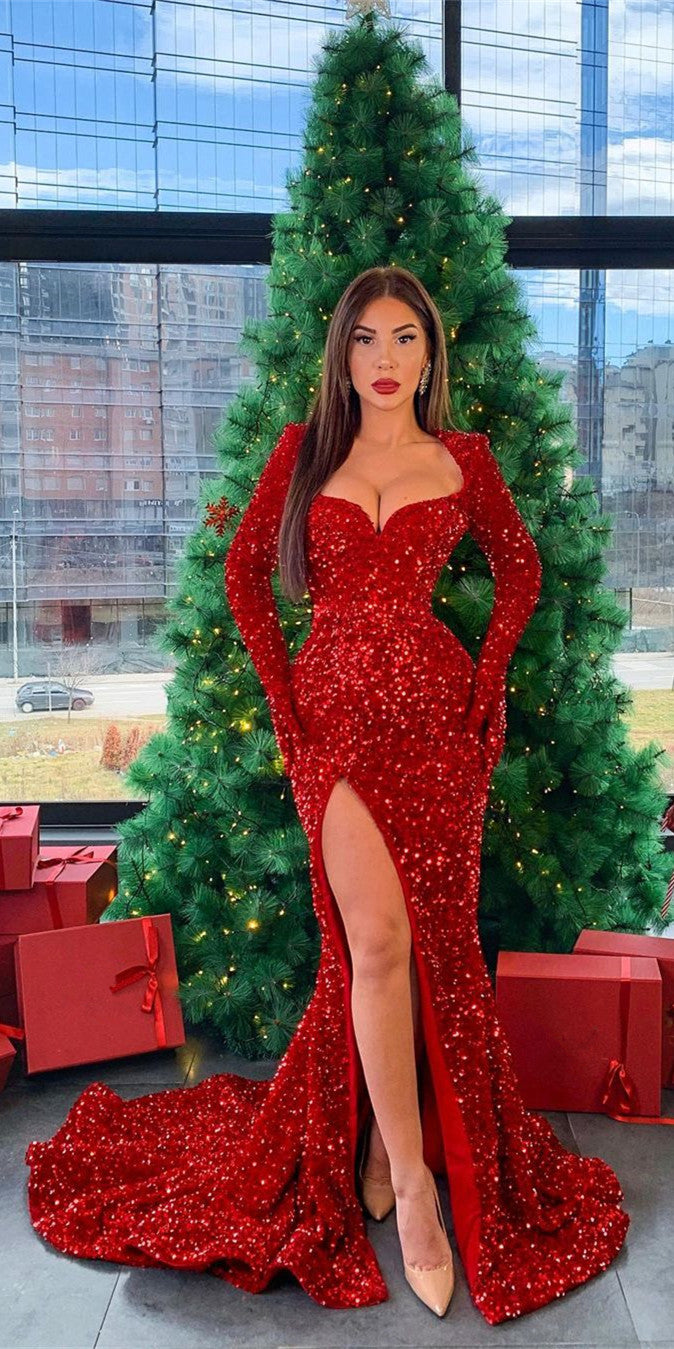 Long Sleeves Red Sequin Prom Dresses, Sexy Side Slit Mermaid Prom Dresses, 2021 Prom Dresses