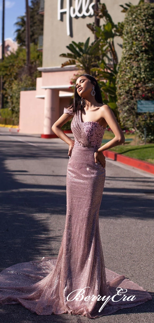 One Shoulder Rose Gold Long Mermaid Sequin Tulle Appliques Prom Dresses, Shiny Prom Dresses