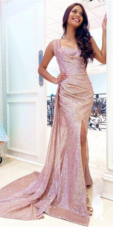 One Shoulder Long Sheath Rose Gold Sequin Tulle Prom Dresses, 2021 PromDresses, Long Prom Dresses