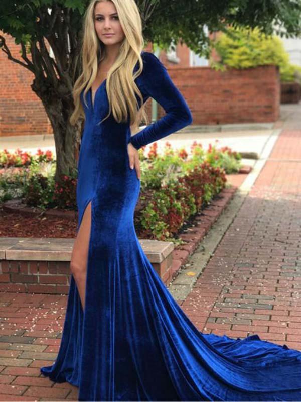 V-neck Long Sleeves Side Slit Royal Blue Velvet Prom Dresses