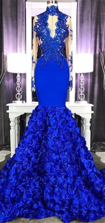 High Neck Royal Blue 3D Roses Long Prom Dresses, Mermaid Prom Dresses, Long Sleeves Prom Dresses