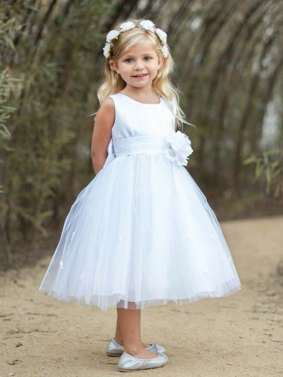 White Satin Top Tulle Flower Girl Dresses, Cute Flower Girl Dresses, Little Girl Dresses