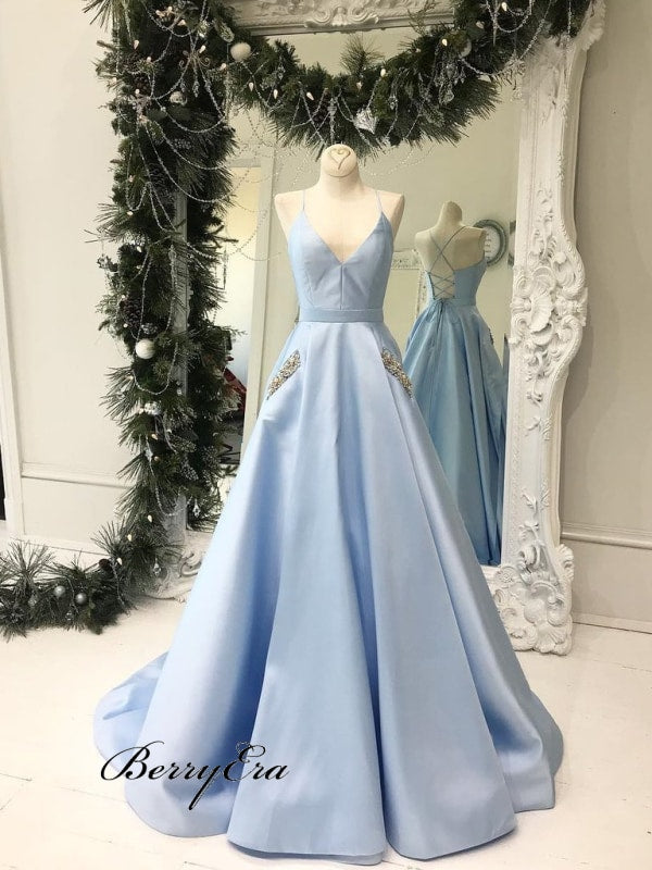V-Neck Light Blue A-Line Satin Prom Dresses With Pockets Cheap Prom Dresses