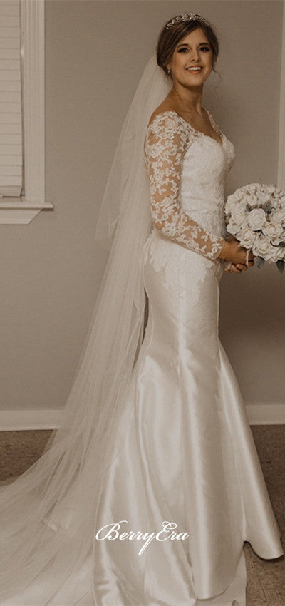 Long Sleeves Lace Satin Mermaid Wedding Dresses, Bridal Gown