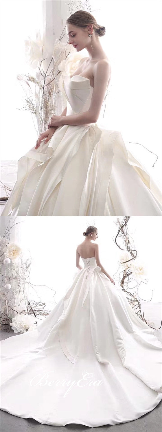 Strapless Long Ivory Satin Wedding Dresses, Ball Gown Wedding Dresses, Newest Design Wedding Dresses