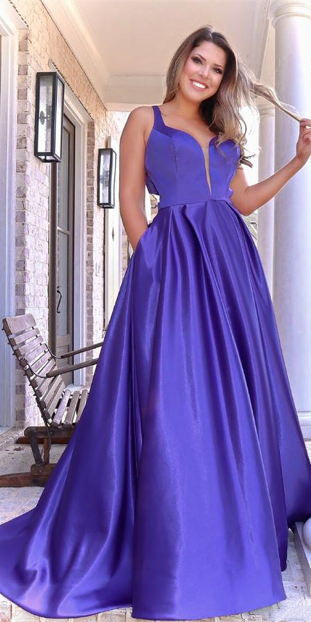 Straps Long A-line Satin Prom Dresses, Simple Elegant Prom Dresses, 2021 Prom Dresses