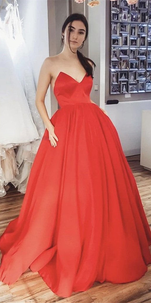 V-neck A-line Red Satin Prom Dresses, Cheap Prom Dresses, 2021 Prom Dresses, Newest Prom Dresses