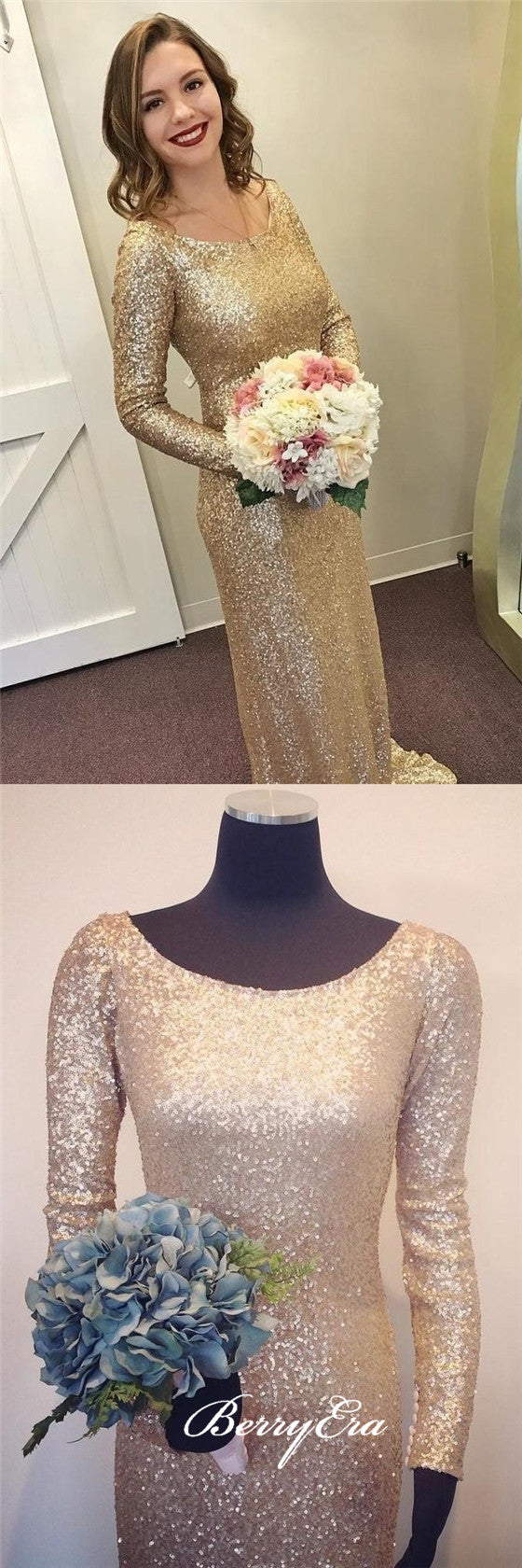 Long Sleeves Scoop Sheath Gold Sequin Bridesmaid Dresses – Berryera