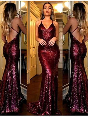 Spaghetti Long Mermaid Lace Up Sequin Prom Dresses