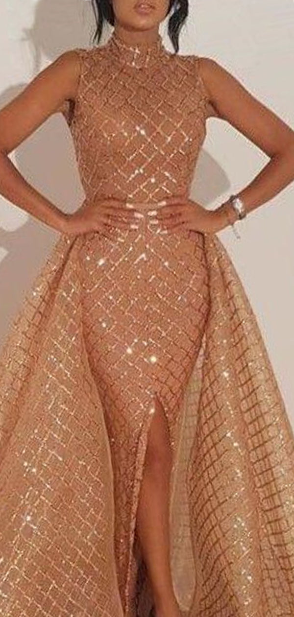 High Neck Champagne Gold Sequin Prom Dresses, Popular Prom Dresses, 2021 Prom Dresses