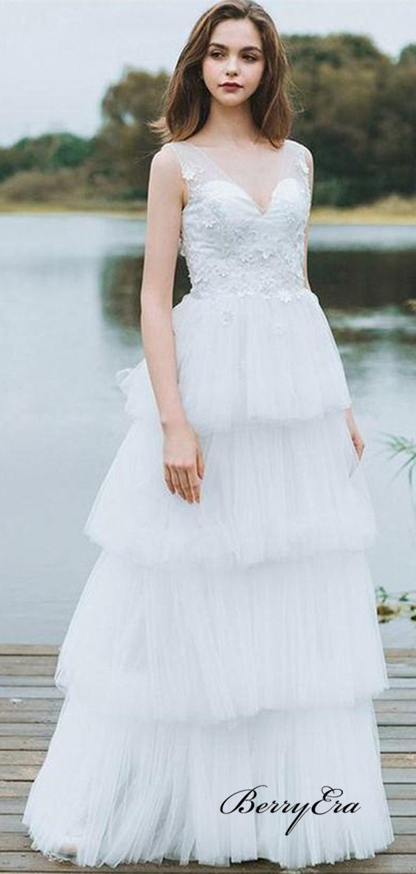 V-neckline Lace Bride Wedding Dress, Elegant Fluffy Tulle Wedding Dresses, Bridal Gowns