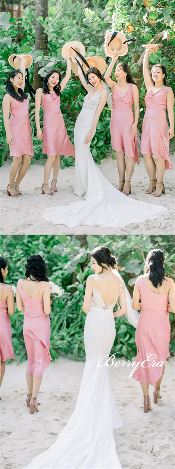 Romantic Short Beach Wedding Elastic Satin Bridesmaid Dresses
