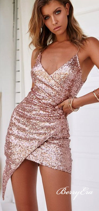 Spaghetti Short Sexy Rose Gold Sequin Homecoming Dresses, Short Prom Dresses